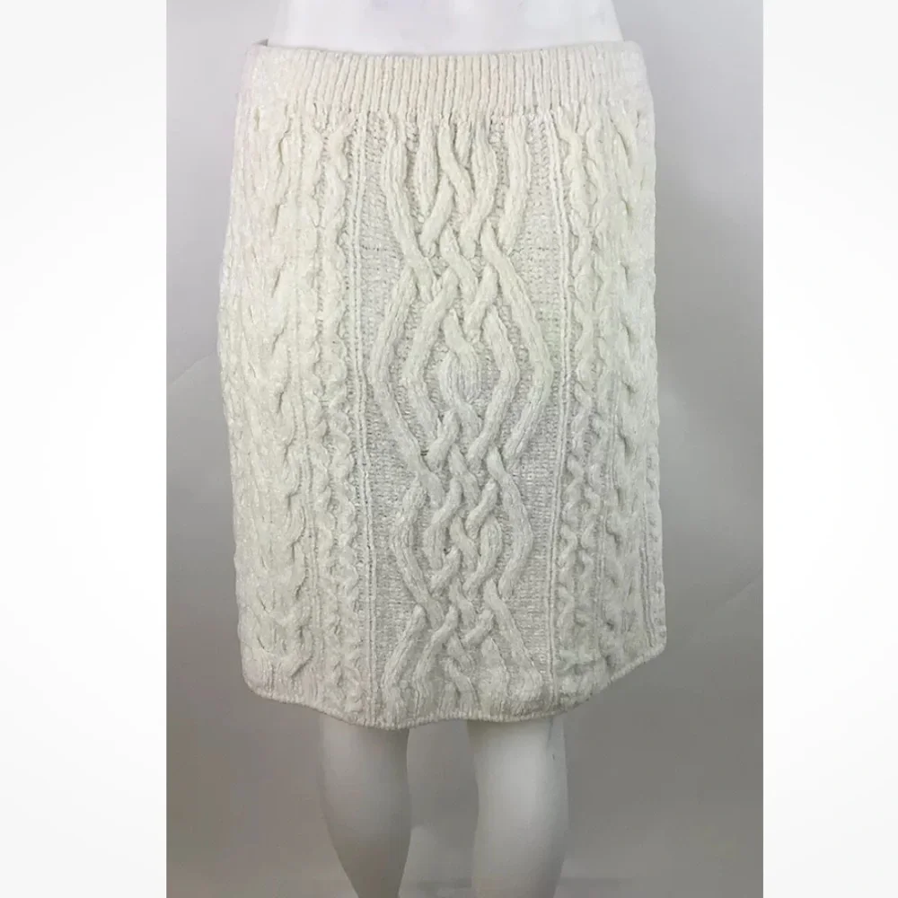 Didi Knitwear Sz 2 Heavy Cable Knit Chenille A-Line Skirt Cream Acrylic Rayon - Picture 5 of 6